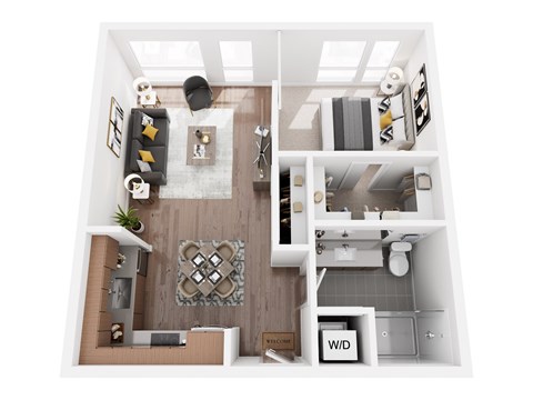 Floor plan for 1 bed, 1 bath, 629 sqft
